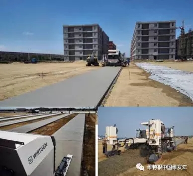 上：攤鋪完的廠房地坪混凝土板；下左：安裝在機(jī)身后部伸長(zhǎng)臂上的超級(jí)抹平器，對(duì)混凝土表面進(jìn)行進(jìn)一步修復(fù)和處理；下右：一臺(tái) SP 25 滑模攤鋪機(jī)即可整合所有傳統(tǒng)施工步驟，實(shí)現(xiàn)同步一體化作業(yè)